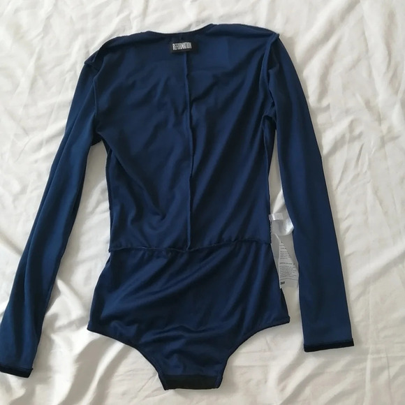 Reformation  Avalon Blue Velvet Lace Up Front Bodysuit Plunging V-Neck XS - Picture 12 of 16